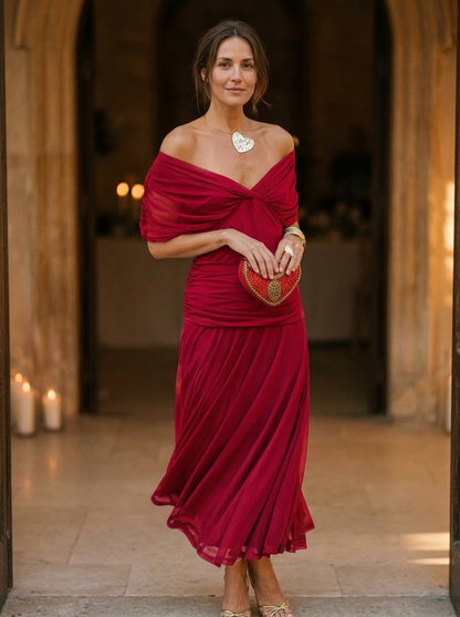 Elegant Off-Shoulder Pleated Midi Dress