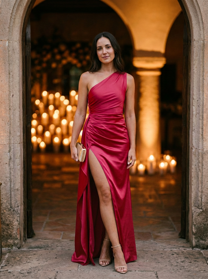 Elegant One-Shoulder Maxi Dress with Ruched Bodice and High Slit
