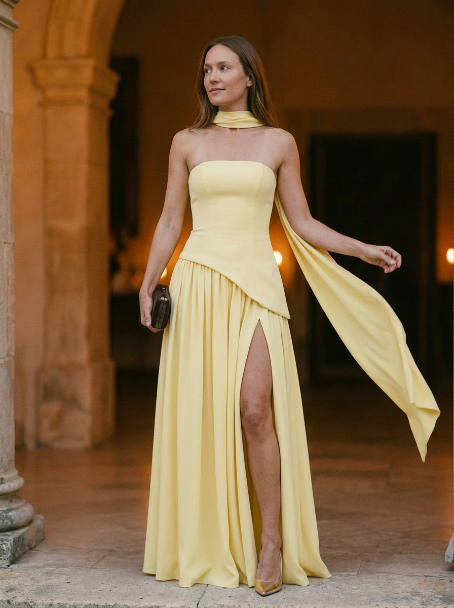 Elegant Strapless Maxi Gown with Draped Asymmetrical Silhouette and Choker Detail