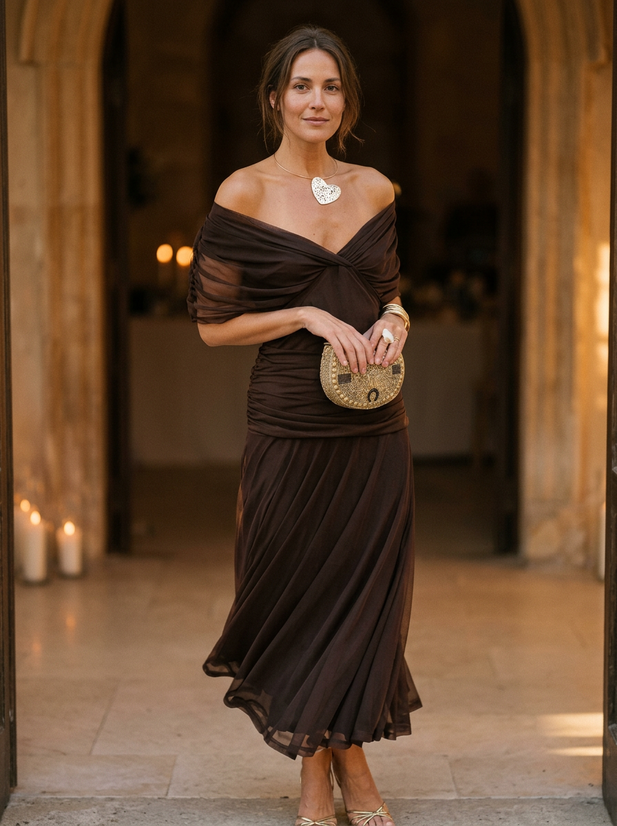 Elegant Off-Shoulder Pleated Midi Dress