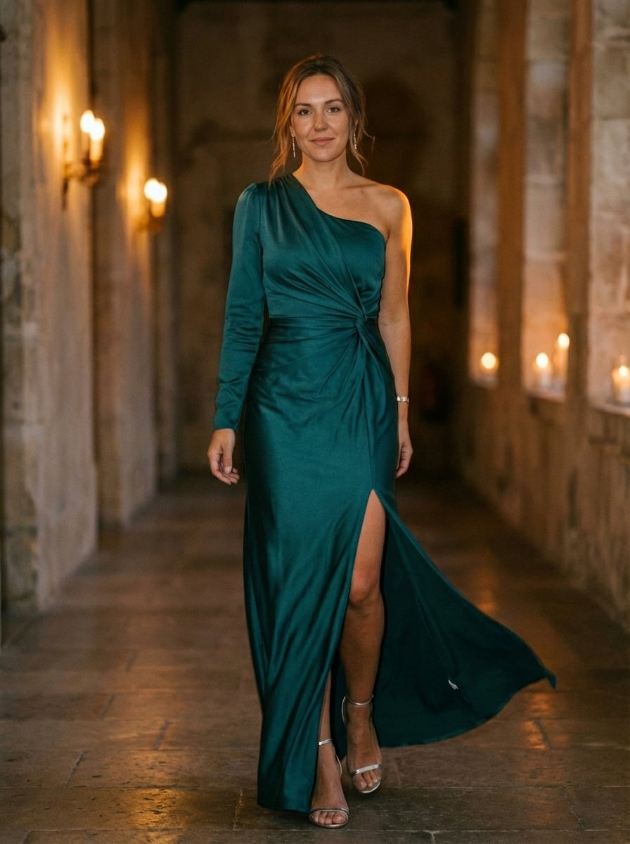 Olive One-Shoulder Ruched Maxi Dress with Asymmetrical Slit