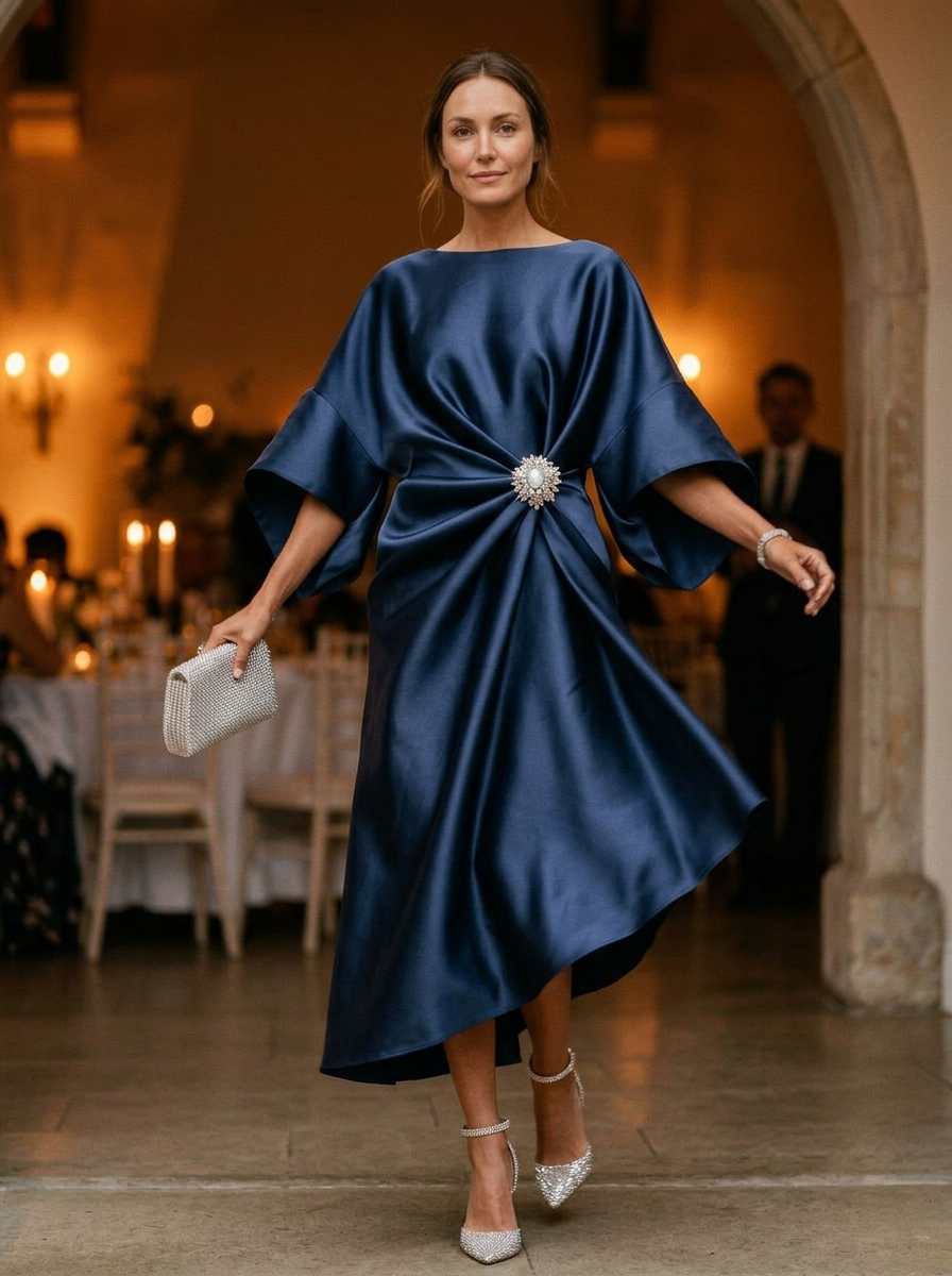 Elegant Draped Midi Dress with Statement Floral Detail