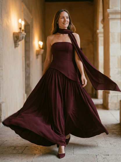 Elegant Strapless Maxi Gown with Draped Asymmetrical Silhouette and Choker Detail