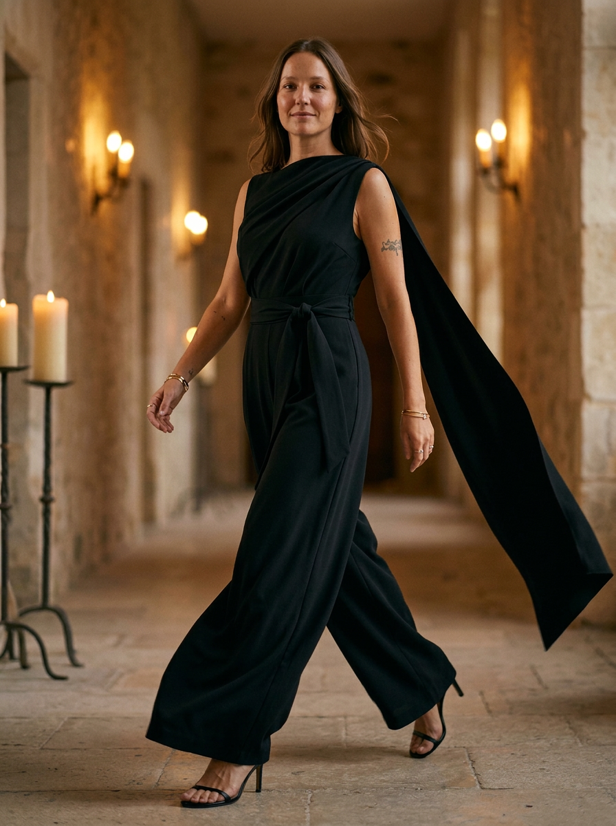 Draped Cowl Neck Jumpsuit with Belted Waist and Wide Leg