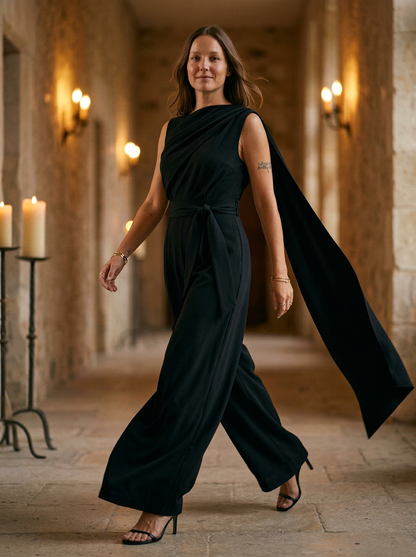Draped Cowl Neck Jumpsuit with Belted Waist and Wide Leg