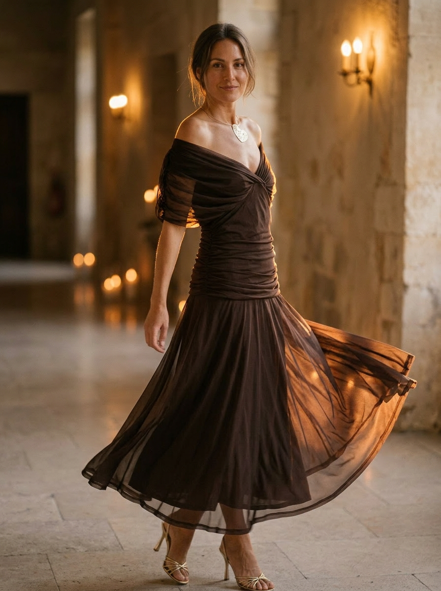 Elegant Off-Shoulder Pleated Midi Dress