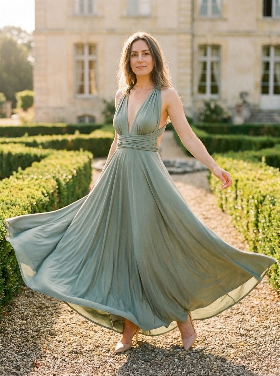 Versatile Multiway Knit Maxi Dress with Wrapped Bodice and Flowing Silhouette