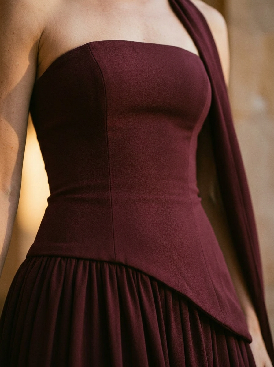 Elegant Strapless Maxi Gown with Draped Asymmetrical Silhouette and Choker Detail