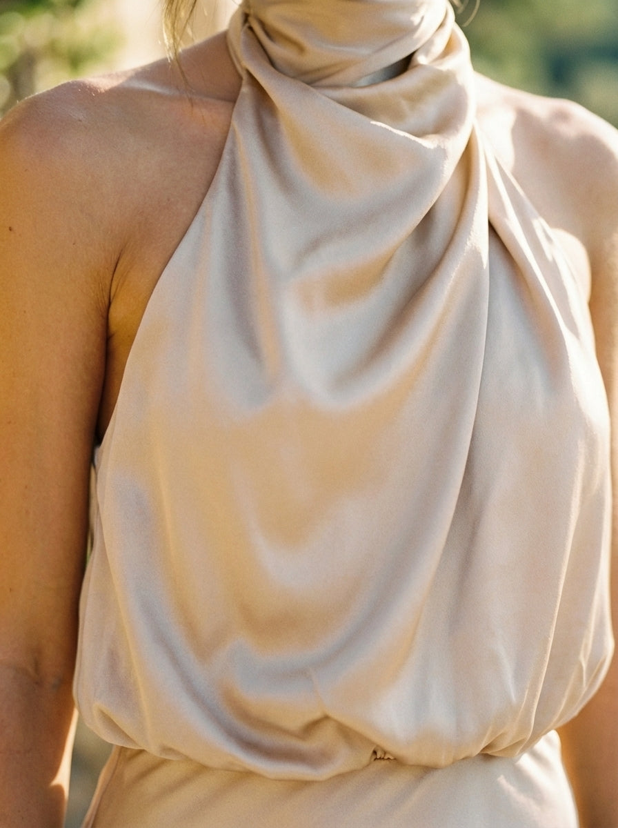 Elegant Midi Dress with Draped Halter Neck and Twisted Bodice