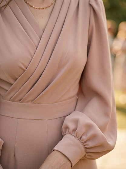 Tailored V-Neck Wrap Jumpsuit with Voluminous Sleeves and Wide-Leg Silhouette
