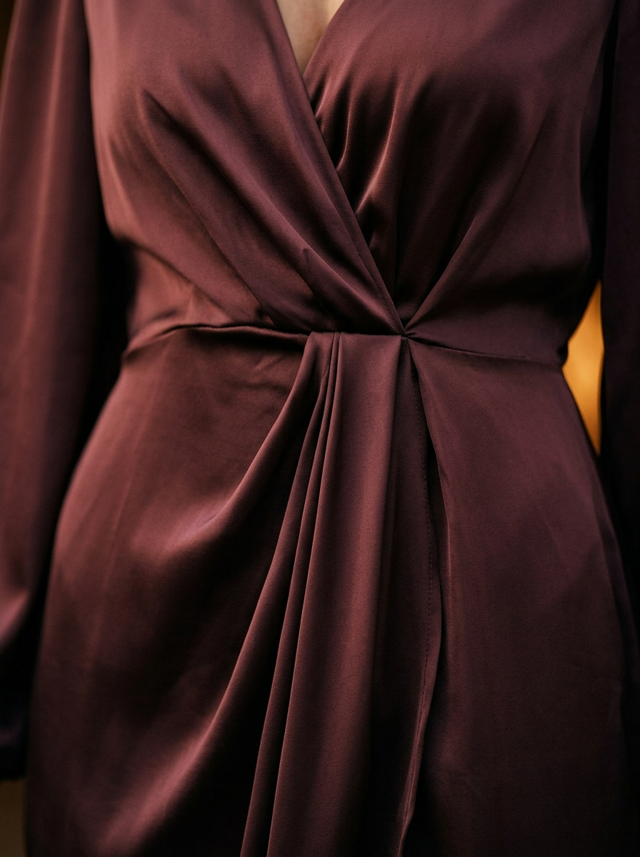 Sophisticated Wrap Midi Dress with Draped Skirt and Puffed Sleeves