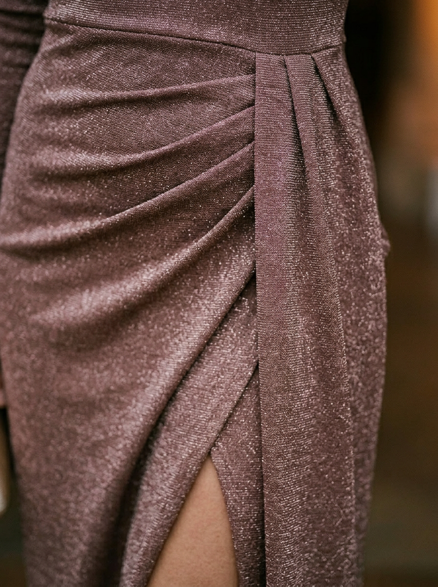 Sophisticated Off-Shoulder Ruched Glitter Knit Maxi Dress with High Slit
