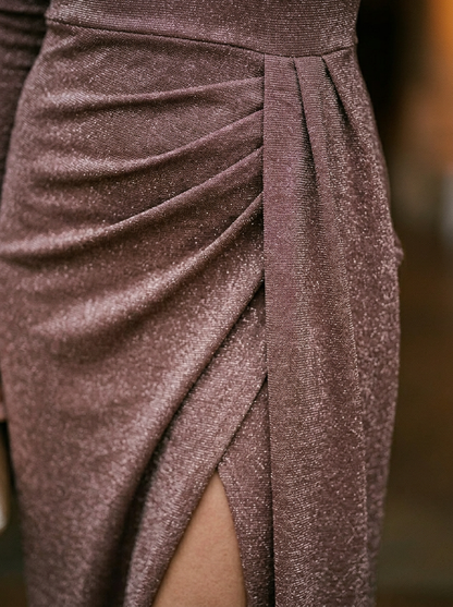 Sophisticated Off-Shoulder Ruched Glitter Knit Maxi Dress with High Slit