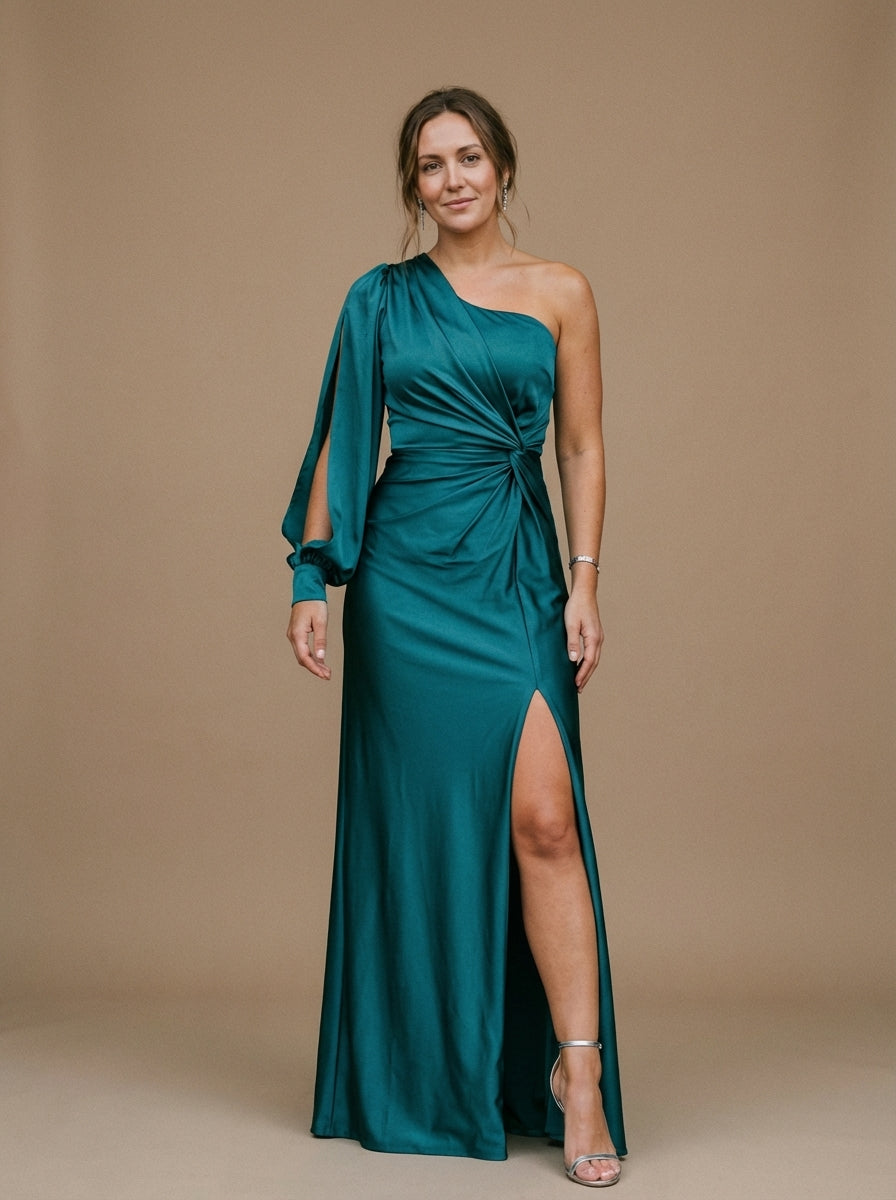Olive One-Shoulder Ruched Maxi Dress with Asymmetrical Slit