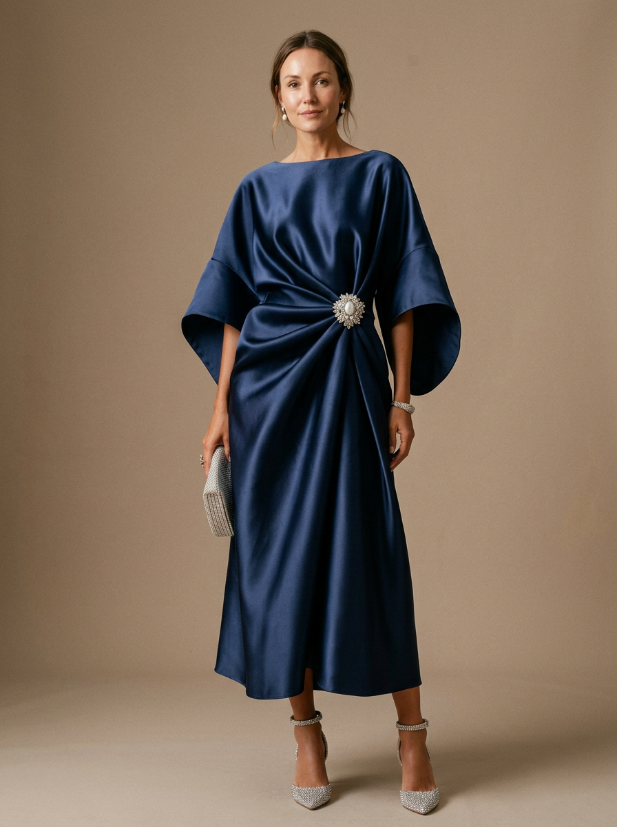 Elegant Draped Midi Dress with Statement Floral Detail