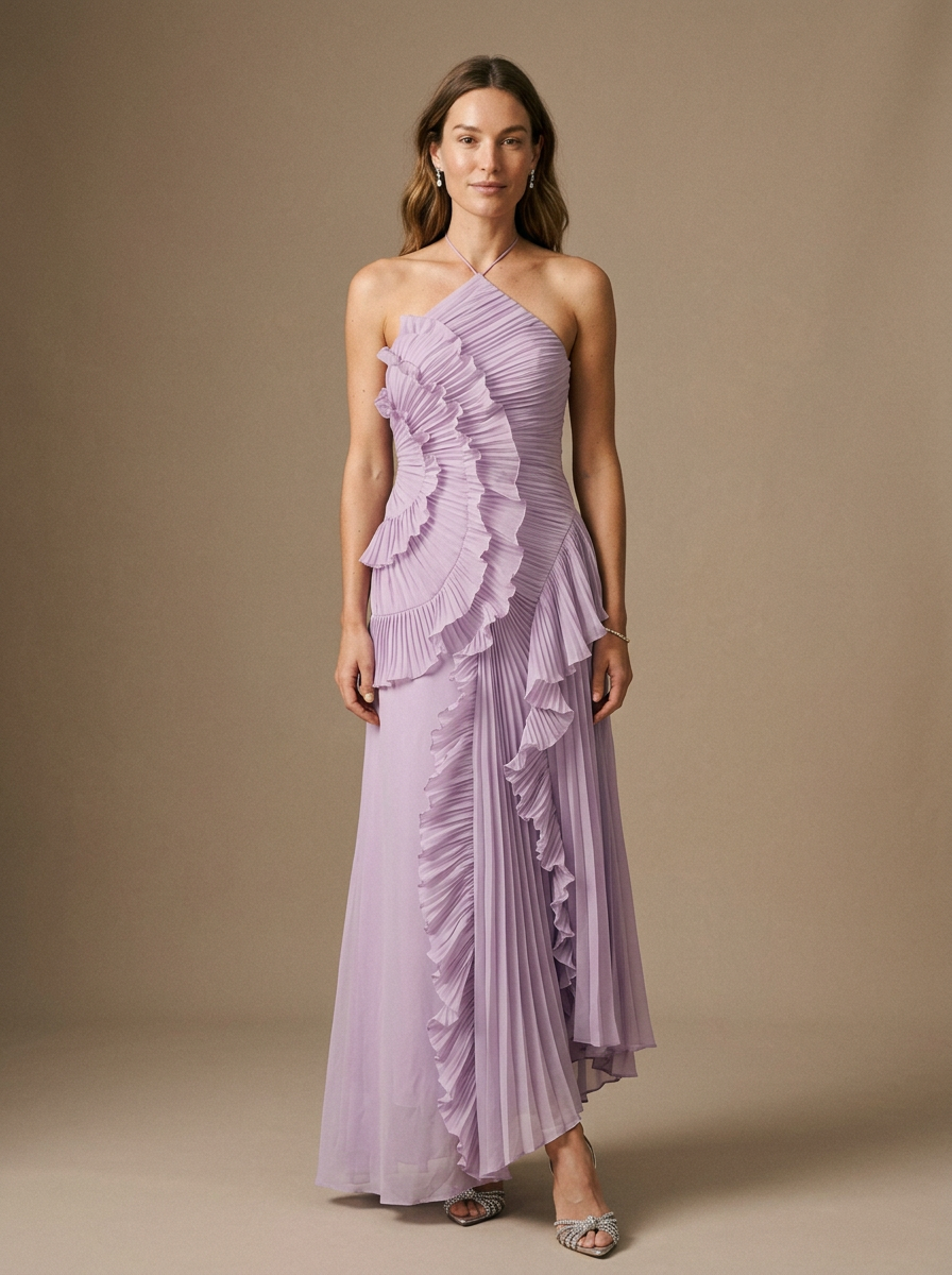 Halter Maxi Dress with Ruched Bodice and Ruffled Pleated Skirt