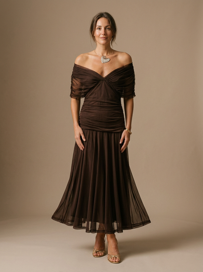 Elegant Off-Shoulder Pleated Midi Dress