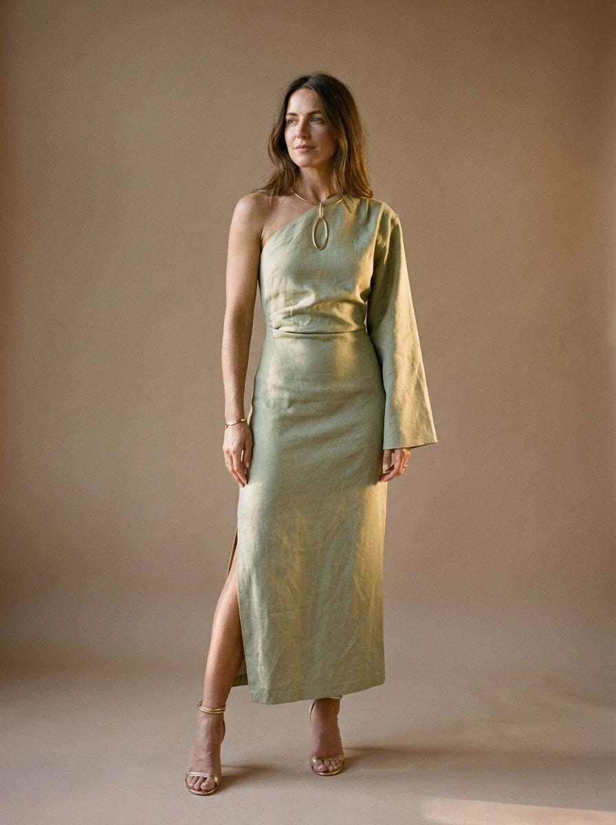 One-Shoulder Maxi Dress with Asymmetric Sleeve and Side Slit