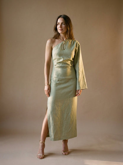 One-Shoulder Maxi Dress with Asymmetric Sleeve and Side Slit