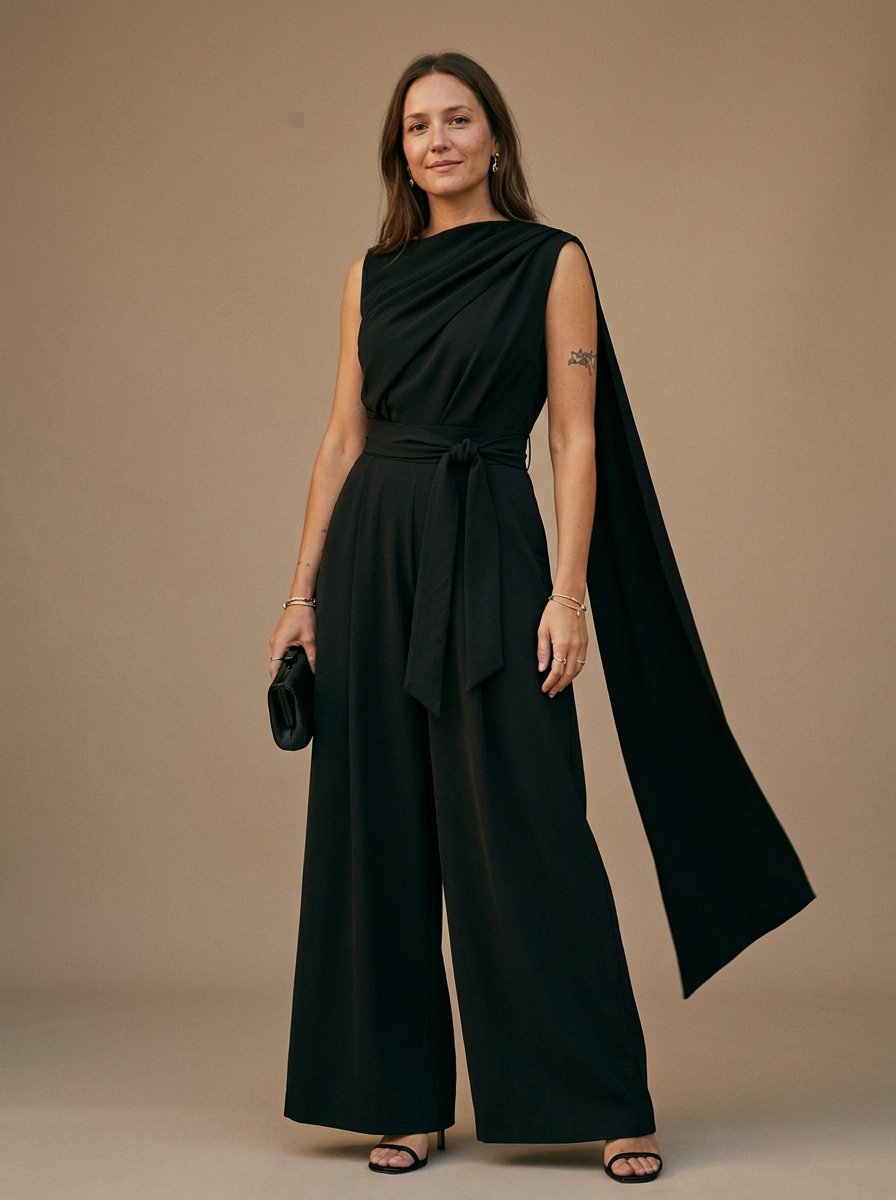 Draped Cowl Neck Jumpsuit with Belted Waist and Wide Leg