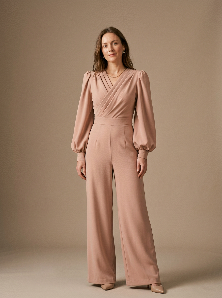 Tailored V-Neck Wrap Jumpsuit with Voluminous Sleeves and Wide-Leg Silhouette