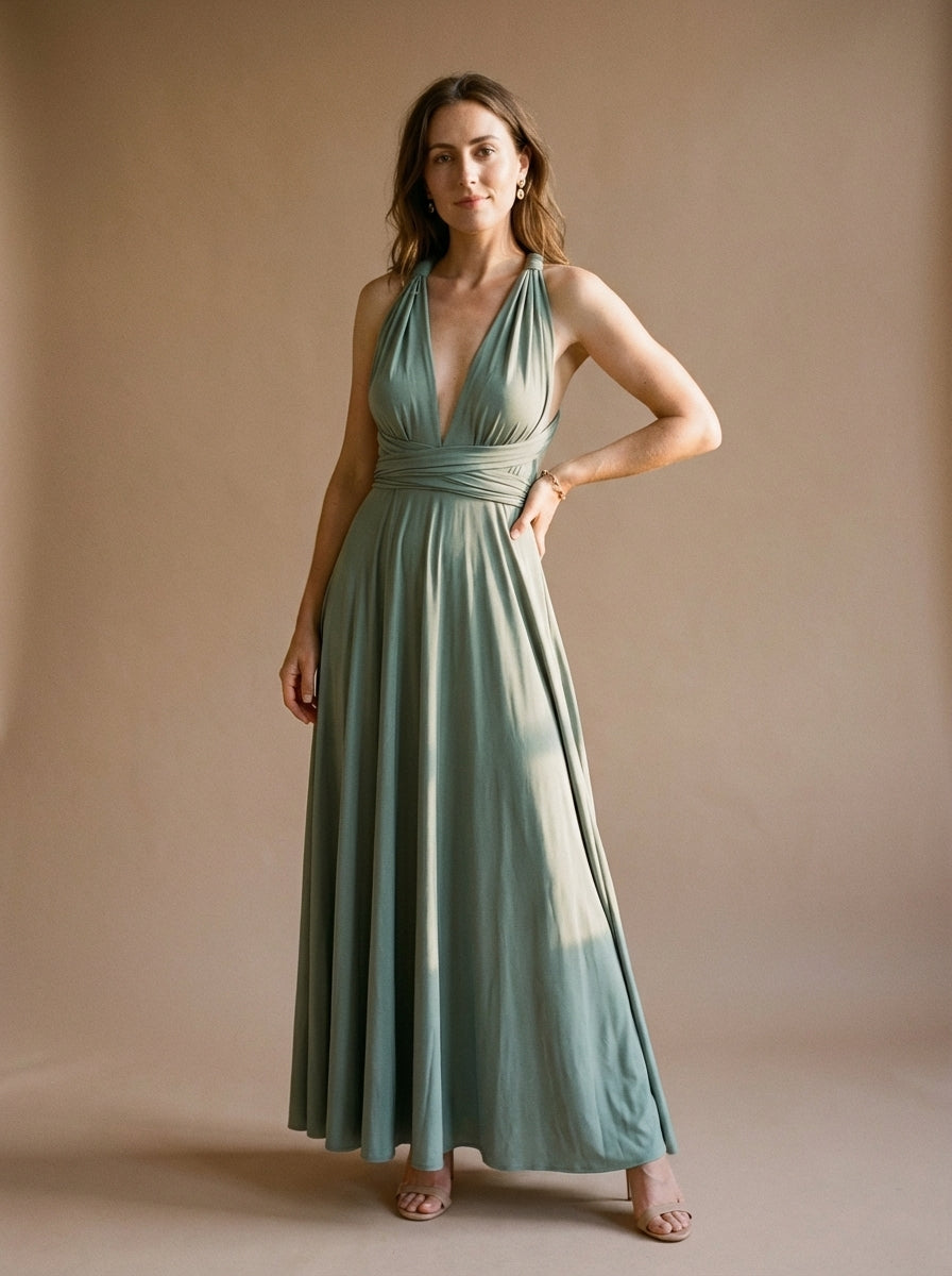 Versatile Multiway Knit Maxi Dress with Wrapped Bodice and Flowing Silhouette