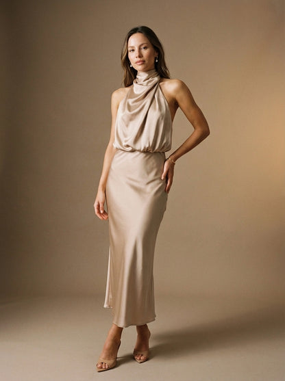Elegant Midi Dress with Draped Halter Neck and Twisted Bodice