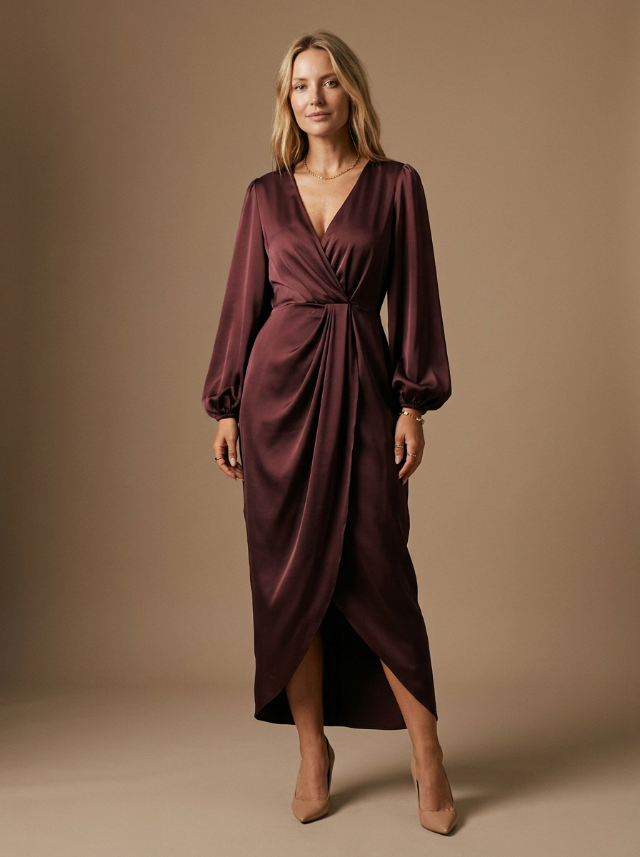 Sophisticated Wrap Midi Dress with Draped Skirt and Puffed Sleeves