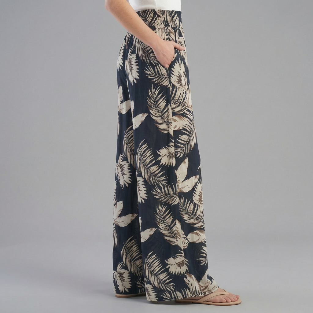 Flowing Tropical Leaf Print Palazzo Pants with Ruched Waist and Pockets