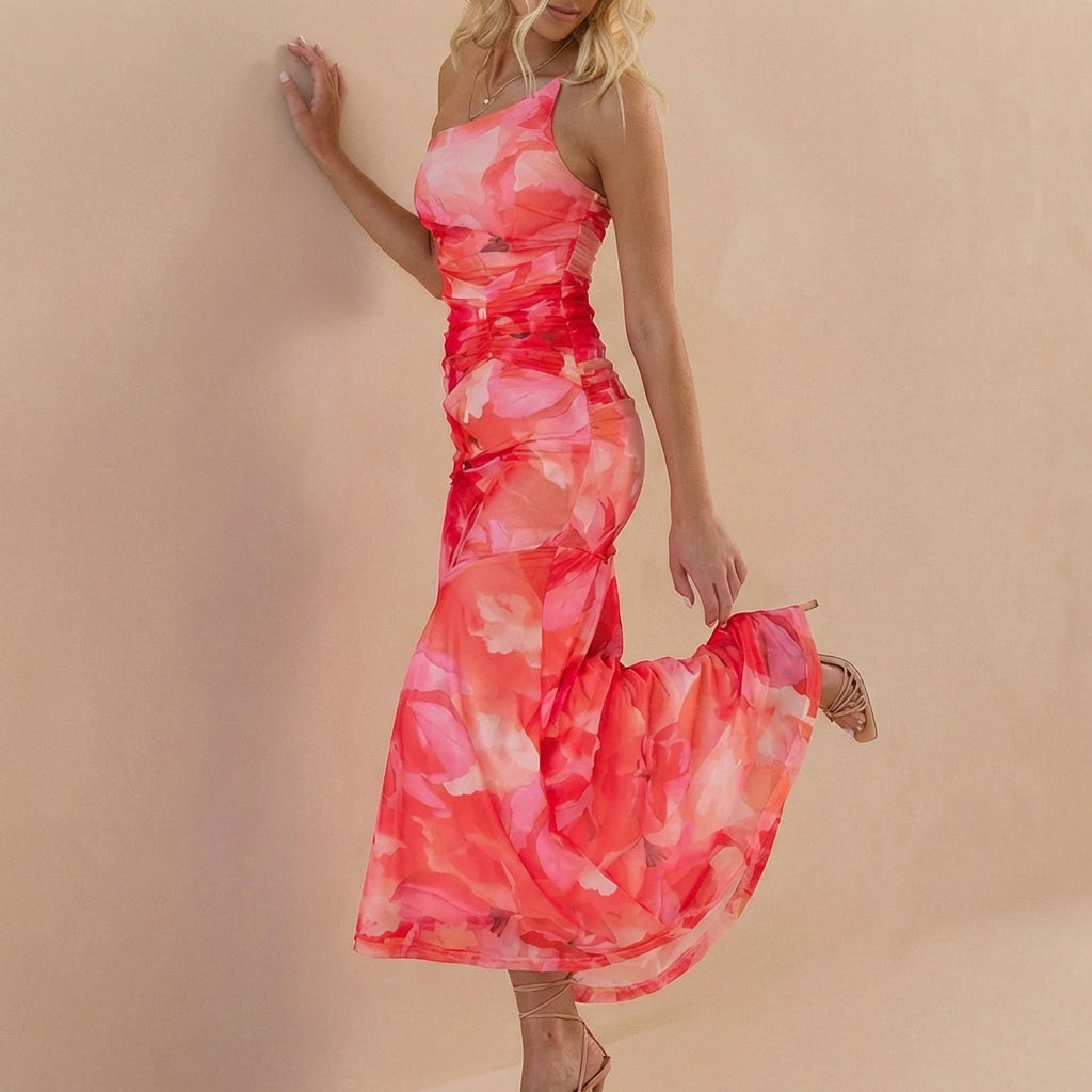 Fitted One-Shoulder Mesh Overlay Maxi Dress with Ruched Detail