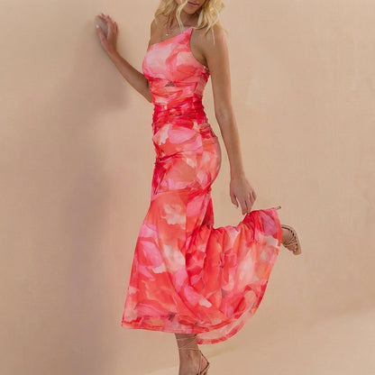 Fitted One-Shoulder Mesh Overlay Maxi Dress with Ruched Detail
