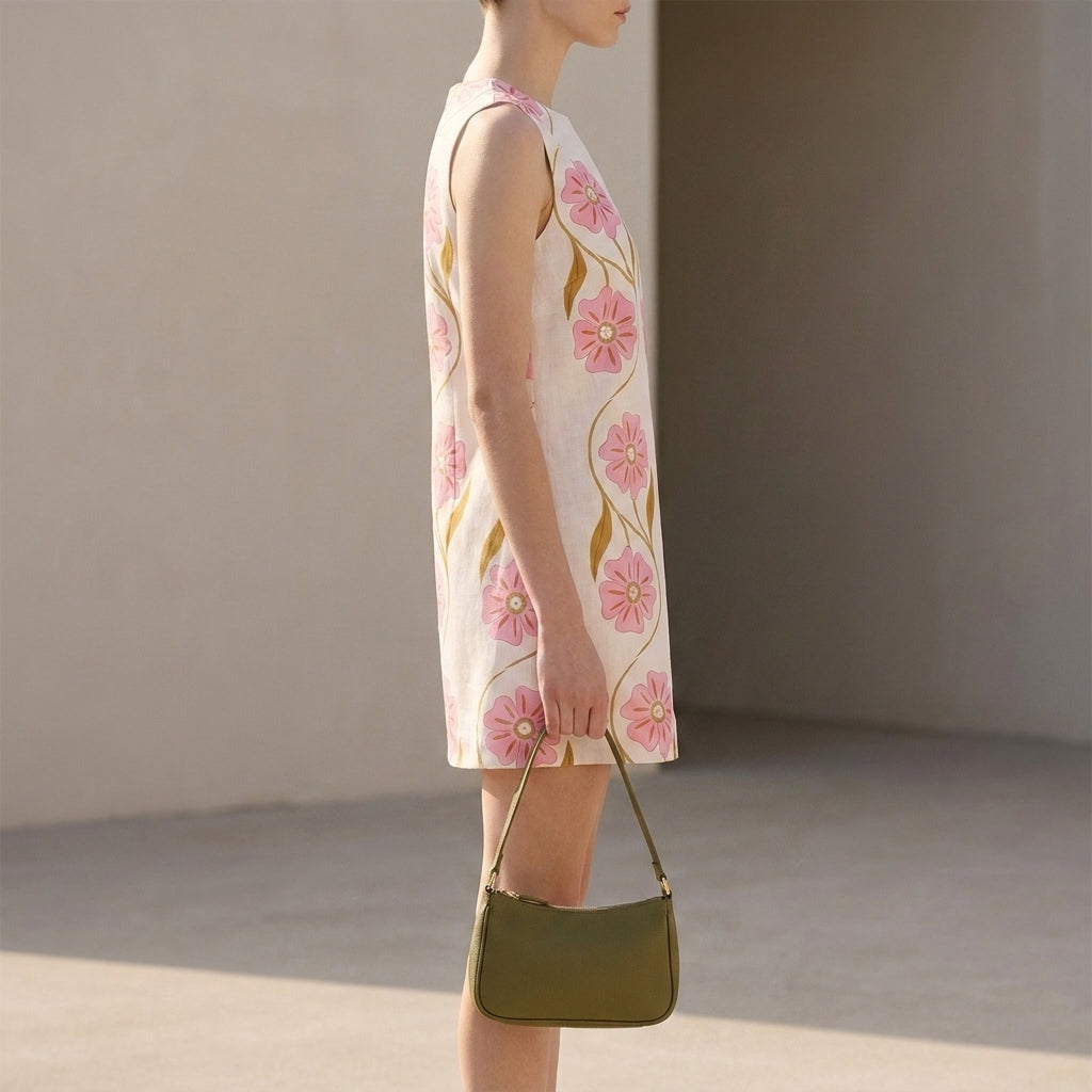 Structured Sleeveless A-Line Mini Dress with Floral Embroidery