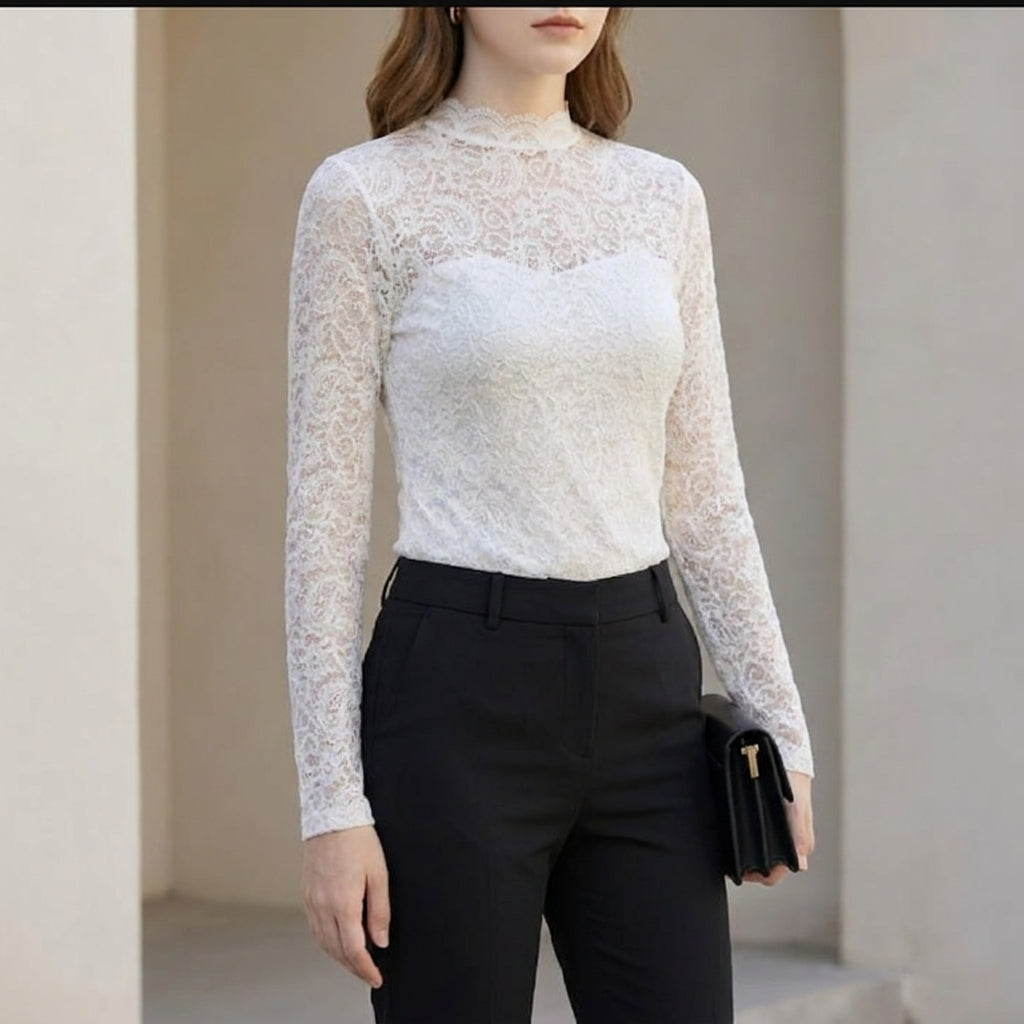 Fitted Floral Lace Long-Sleeve Top with High Neck and Scalloped Edges