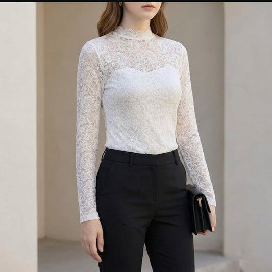 Fitted Floral Lace Long-Sleeve Top with High Neck and Scalloped Edges