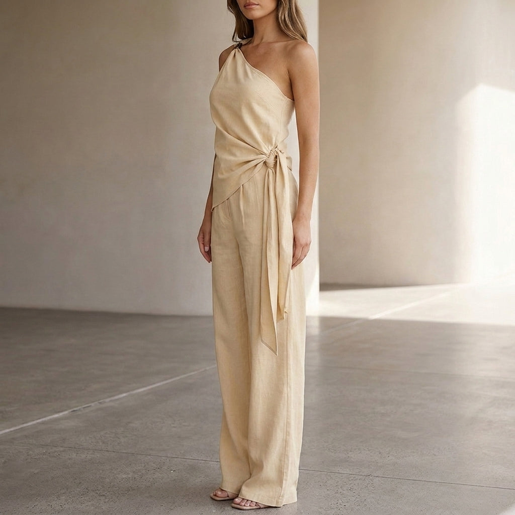 Tailored Asymmetrical One-Shoulder Draped Two-Piece with Wide-Leg Trousers
