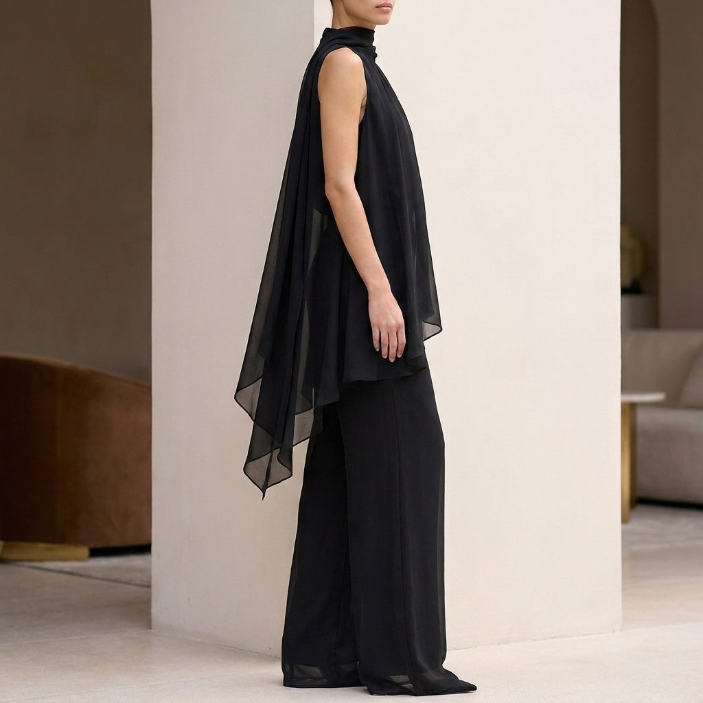Flowing Chiffon Halter Top and Pants Set with Pleated High-Neck and Tiered Hem