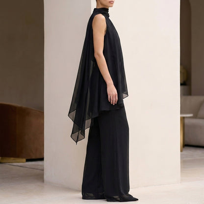 Flowing Chiffon Halter Top and Pants Set with Pleated High-Neck and Tiered Hem