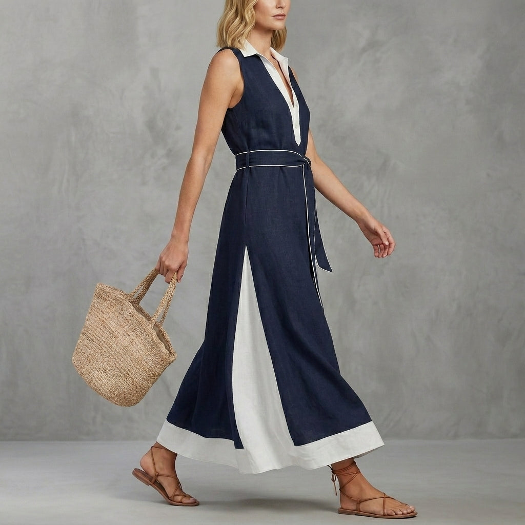 A-Line Maxi Dress with Belted Waist and Contrast Lapel