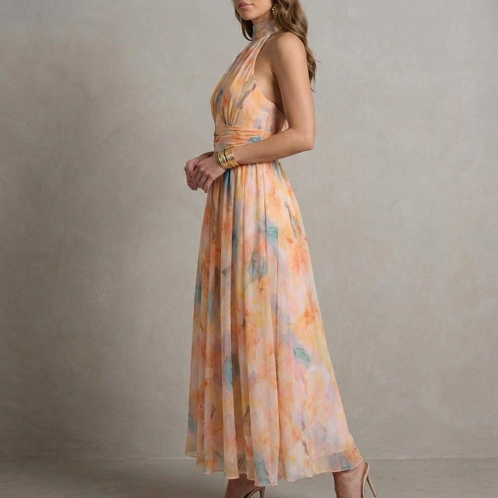 Ariellea Flowing Chiffon Halter Neck Maxi Dress with Waist Tie