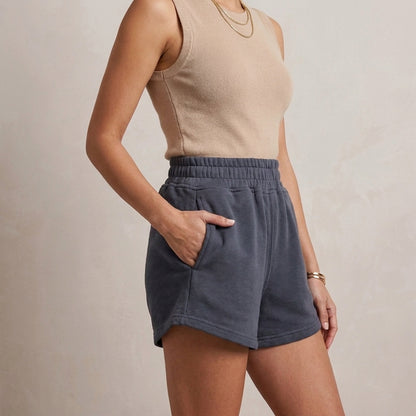 Relaxed Fit Heathered Jersey Dolphin-Hem Elastic Waist Shorts