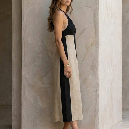 Colorblock Halter Midi Dress with Keyhole Neckline Detail
