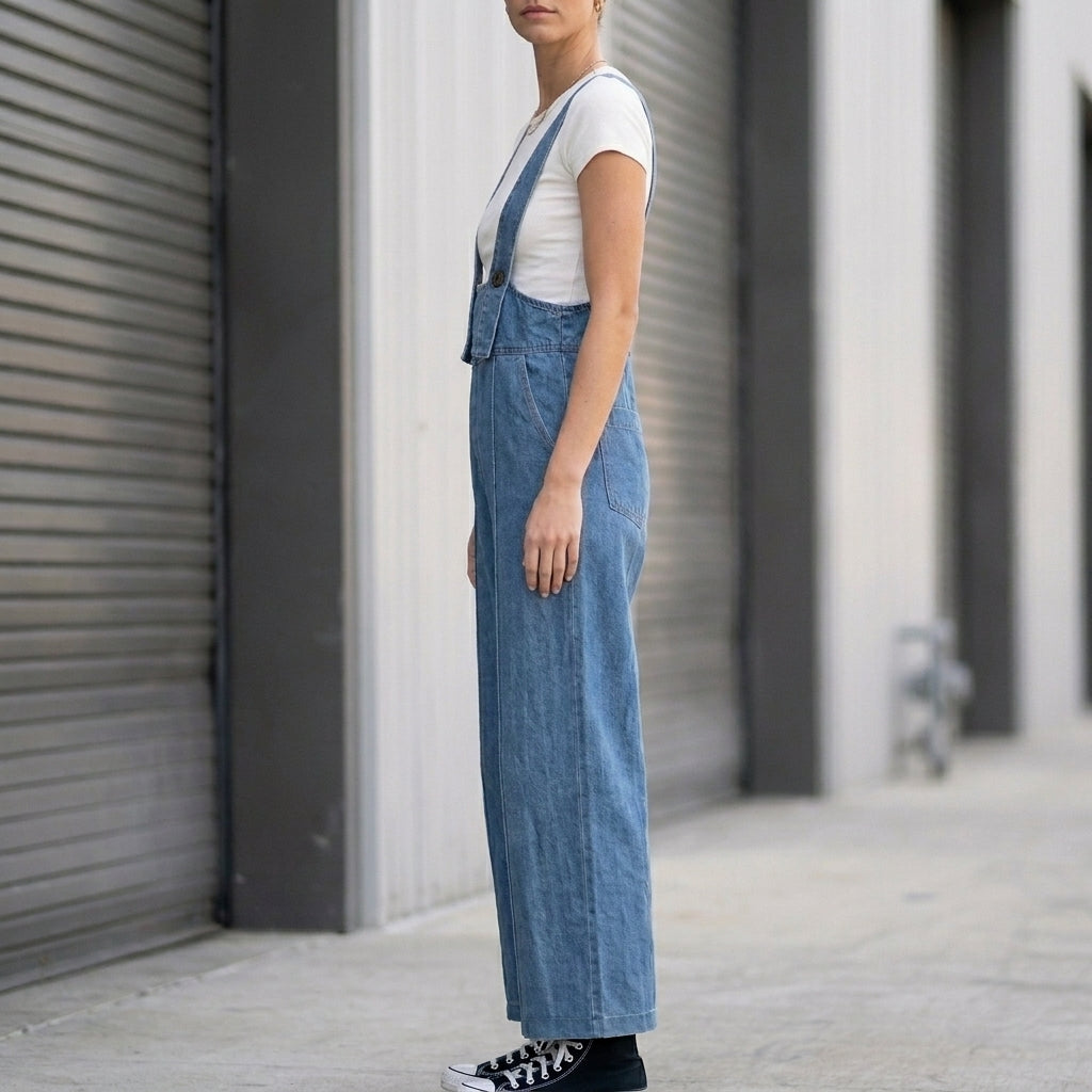 Vintage-Inspired Structured Wide-Leg Denim Overalls with Bib Detail