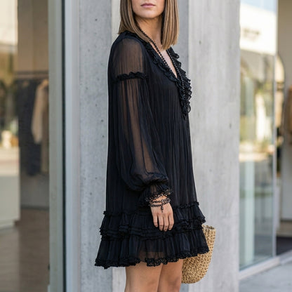 Flowing V-Neck Ruffle Mini Dress with Billowy Balloon Sleeves
