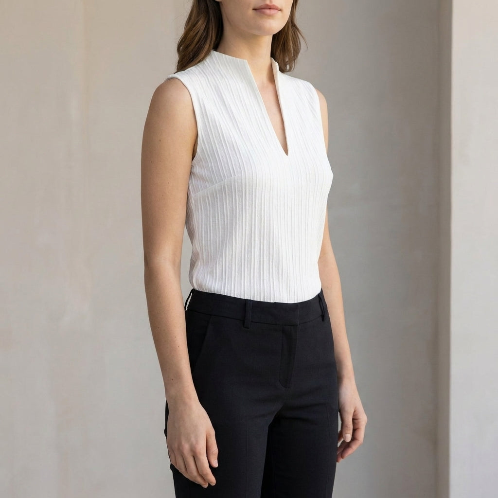 Slim-Fit Sleeveless Top with Textured Pleats and Split V-Neck Collar