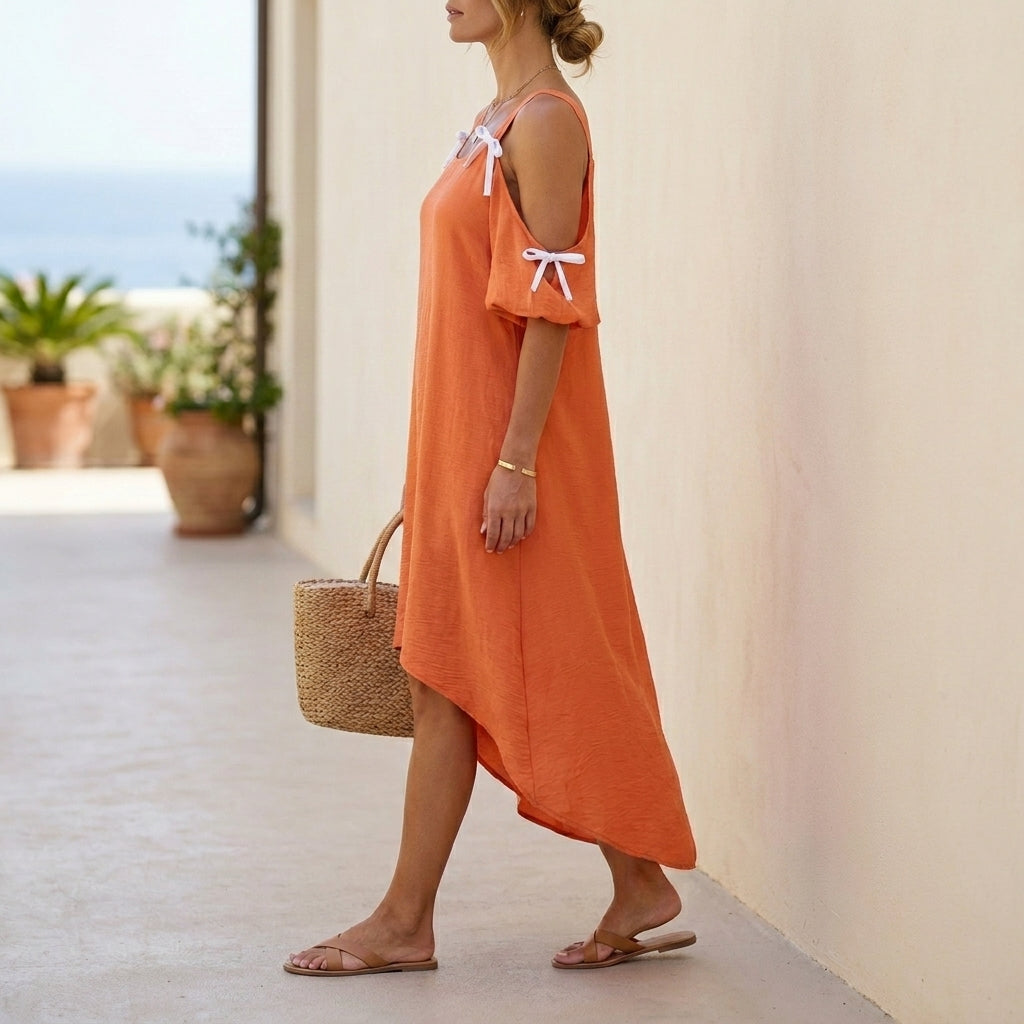 Bohemian Off-Shoulder Dress with Asymmetrical Hem and Breezy Silhouette