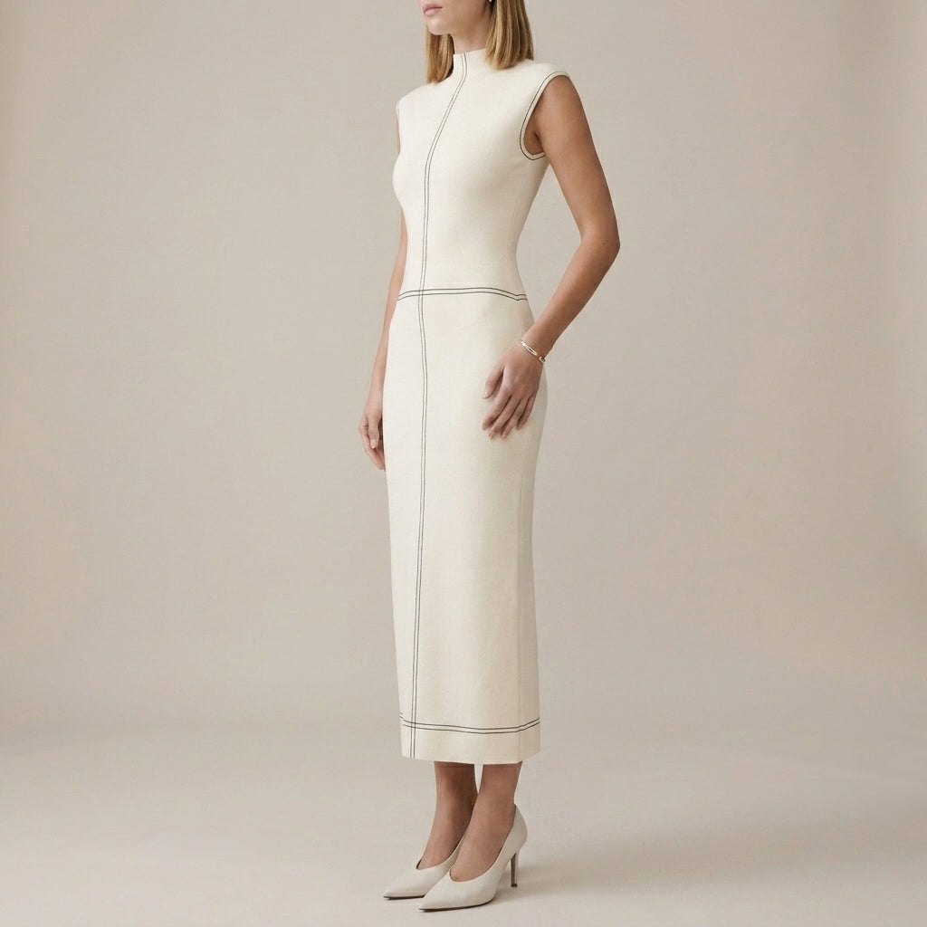 Structured Ribbed Midi Dress with Geometric Piping