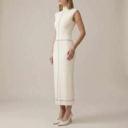 Structured Ribbed Midi Dress with Geometric Piping
