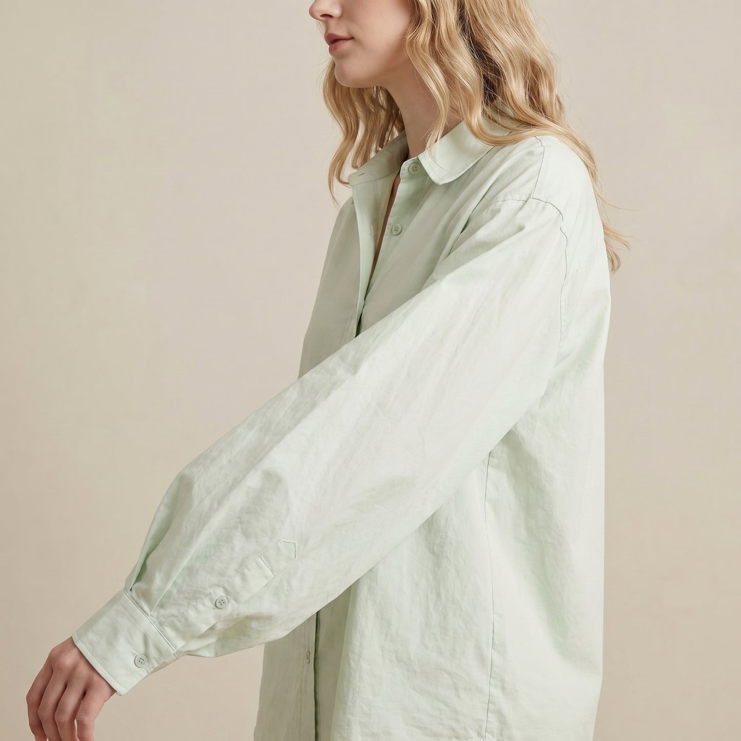 Oversized Woven Button-Down Shirt with Dramatic Lantern Sleeves