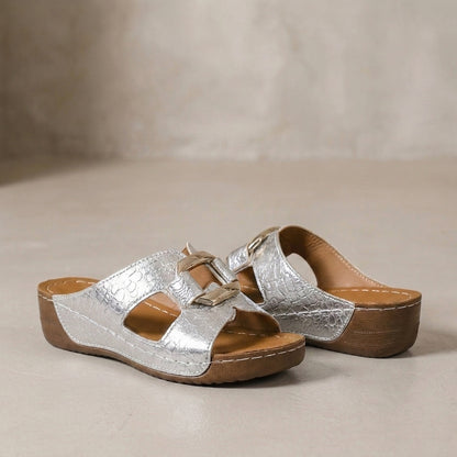 Structured Wedge Sandals with Embossed Texture and Metal Buckle Detail