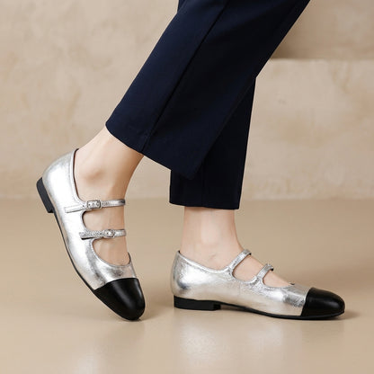 Double Buckle Mary Jane Flats with Split-Joint Cap Toe Design